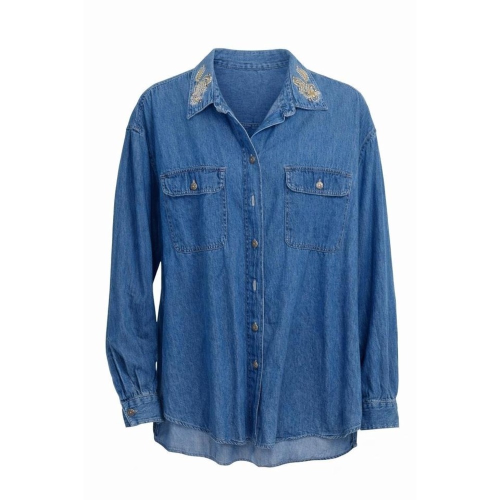 Cherokee Women's‎ 2XL Chambray Denim Shirt Embroidered Collar Western